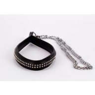   Nyakörv és póráz, Devil Sticks, Lamb Leather Handle, 34 cm lánc, fekete, 2 sor strasszal díszítve, fém, erotikus fetish
