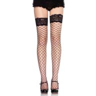  Hálós combfix, Leg Avenue, Fence Net Stocking w/ Lace Top, One Size, fekete, nagy lyukú, csipkés felső szegéllyel, szexi, poliamid, rugalmas