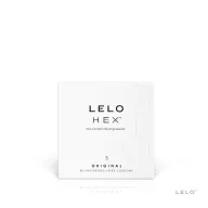   Óvszer, Lelo, HEX Original, 3 darab, átlátszó, ultravékony 0,055 mm, belső méhsejtrács, sikosított, természetes latex, 54 mm névleges szélesség