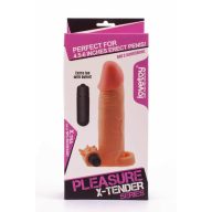   Vibrátoros péniszköpeny, Lovetoy, Pleasure X-Tender #2, 16–20 cm, 4–4,4 cm átmérő, testszínű, rugalmas TPE, 3× AG13 elemes, heregyűrűs