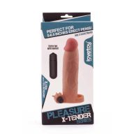   Vibrátoros péniszköpeny, Lovetoy, Pleasure X-Tender #6, 16–20 cm, testszínű, heregyűrűs, TPE, elemes (3x AG13), stimuláló külső felülettel