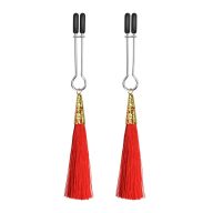   Mellcsipesz, Lovetoy, Glamor Tassel, 11-15 cm, piros, fém, bojtokkal díszített, szorító hatású fétis kiegészítő az érzéki mellbimbó-izgatáshoz