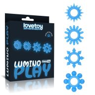   Világító péniszgyűrű, Lovetoy, Lumino Play, 1,6–2,4 cm, színtelen (sötétben kék), 4 darabos készlet, TPE, vízálló