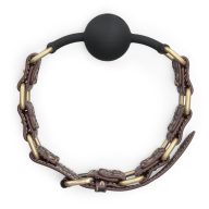   Szájpöcök, Lovetoy, Rebellion Reign, 4–4,4 cm, fekete, szilikon labda, barna műbőr pánt, antik bronz tüskés, állítható 45–53 cm, BDSM kiegészítő