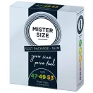 Óvszer, Mister Size, 47/49/53 mm méretpróba csomag, 3 db, átlátszó, ultravékony (0,05 mm), sima, síkosított, spermatartályos, természetes latex