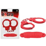   Fém bilincs és kötözőkötél szett, NMC, Sex Extra Metal Cuffs & Love Rope, 3 m, piros, pamut kötél, állítható fém bilincs, 2 kulccsal