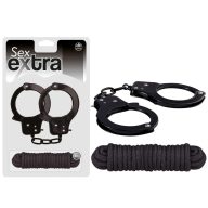   Bilincs és kötözőkötél szett, NMC, Sex Extra Metal Cuffs & Love Rope, kötél 300 cm, fekete, fém bilincs, pamut kötél, állítható, két kulccsal