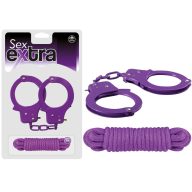   Bilincs és kötözőkötél szett, Nmc, Sex Extra Metal Cuffs & Love Rope, 300 cm, lila, állítható, pamut kötél, fém bilincs, két kulccsal
