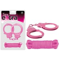   Bilincs és kötél szett, Nmc, Sex Extra – Metal Cuffs & Love Rope, 300 cm, rózsaszín, állítható fém bilincs, pamut kötél, 2 kulcs