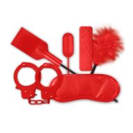   BDSM szett, NMC, The Mean Couple Romance, 5 darabos, piros, tollas cirógató, szemmaszk, bilincs, paskoló, vezetékes, 10 funkciós mini vibrátor