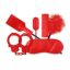BDSM szett, NMC, The Mean Couple Romance, 5 darabos, piros, tollas cirógató, szemmaszk, bilincs, paskoló, vezetékes, 10 funkciós mini vibrátor