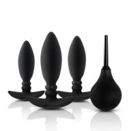   Anál tréning szett, NMC, Butties 3in1 Training Kit, 3 db anál dugó (8–12,5 cm, Ø 2,5–3,8 cm) + intimzuhany 6 cm, fekete, szilikon, vízálló, kezdőknek