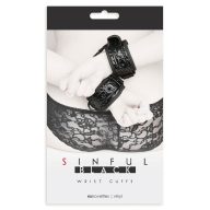   Csuklóbilincs, NS Toys, Sinful Wrist Cuffs, 16–20 cm, fekete, vinil, párban, csattal állítható, BDSM szerepjátékhoz