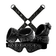   Bondage szett, NS Toys, Sinful Bondage Kit, 4 darabos, állítható méret, fekete, vinyl, tartalma: kötöző, szemmaszk, bokabilincs, csuklóbilincs