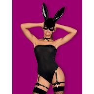   Nyuszilány jelmez, Obsessive, Bunny Costume, L/XL, fekete, PVC, pánt nélküli body, necc combfix, harisnyatartós combpánt, nyuszifül, szexi