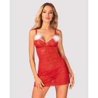   Babydoll és tanga szett, Obsessive, Claussica, XS/S, piros-fehér, áttetsző, tollas díszítés, nyitott hát, állítható pántok, karácsonyi