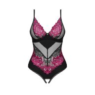   Szexi body, Obsessive, Rosenty crotchless teddy, XS/S, fekete és rózsaszín, csipkés