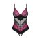 Szexi body, Obsessive, Rosenty crotchless teddy, XS/S, fekete és rózsaszín, csipkés