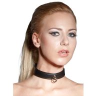   BDSM nyakörv, Bad Kitty, Neck Strap, 49-55 cm, fekete, állítható, csatos, műbőr, fém O-gyűrű elöl, dupla rétegű, kényelmes, strapabíró