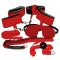 BDSM szett, Bad Kitty, Red Gigant, 8 darabos, piros, szemmaszk, szájpecek, mini korbács, párnázott, állítható bilincsek