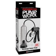   Péniszpumpa, Pipedream Pump Worx, Pro-Gauge Power Pump, 21–25 cm, 2,5–2,9 cm, átlátszó/fekete, nyomásmérős, pisztolymarkolatos, szilikon