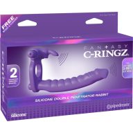   Dupla behatolású péniszgyűrű, Pipedream, Fantasy C-Ringz Silicone Double Penetrator Rabbit, 16-20 cm, lila, szilikon, vízálló, 2xAAA elemes, csiklóvibrációs