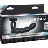   Vibrátoros péniszgyűrű, Pipedream - Fantasy C-Ringz, Posable Partner Double Penetrator, 11–15 cm, fekete, szilikon, golyós dildóval, vízálló