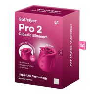   Nyomáshullámos csiklóvibrátor, Satisfyer, Pro 2 Classic Blossom, 6–10 cm, piros, akkumulátoros, szilikon, rózsa formájú, Liquid Air technológiás